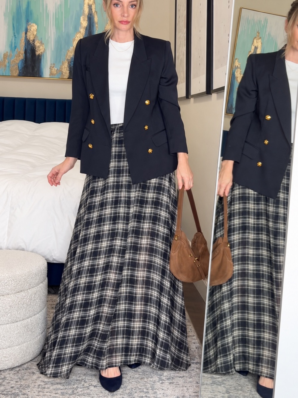 Navy & Taupe Plaid Maxi Skirt – Elastic Waist, Heritage Fall Style